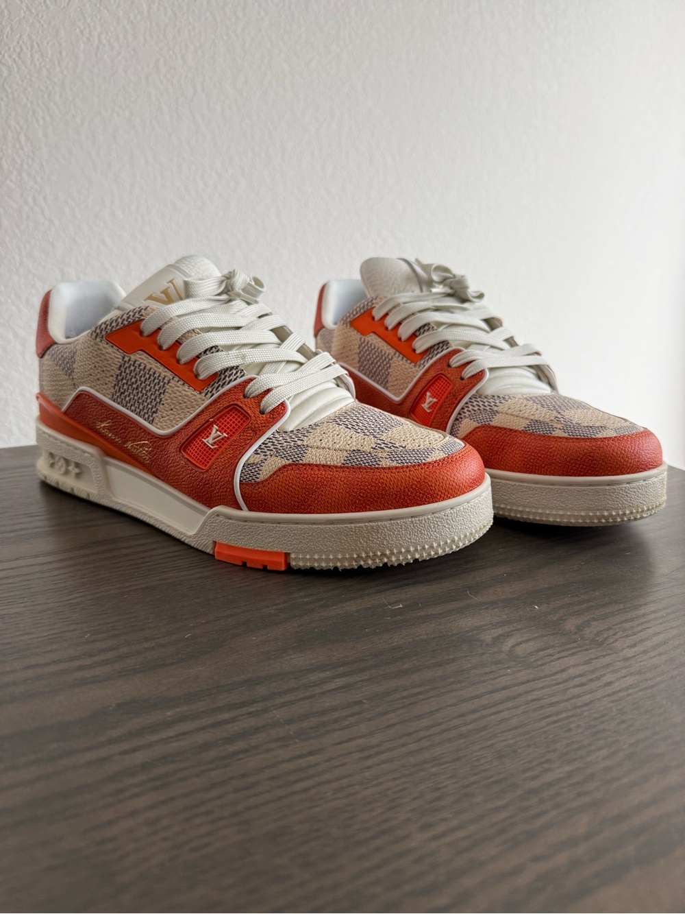 Louis Vuitton Mens Orange Blue and Beige Checkerboard Sneakers